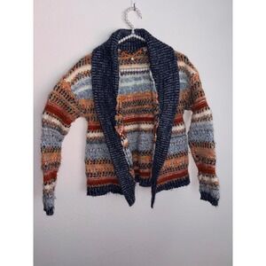Knitted & Knotted Anthropologie Striped Alpaca Blend Shawl Cardigan blue medium